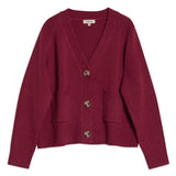 Cosy red cardigan in relaxed fit design, versatile for autumn and winter  