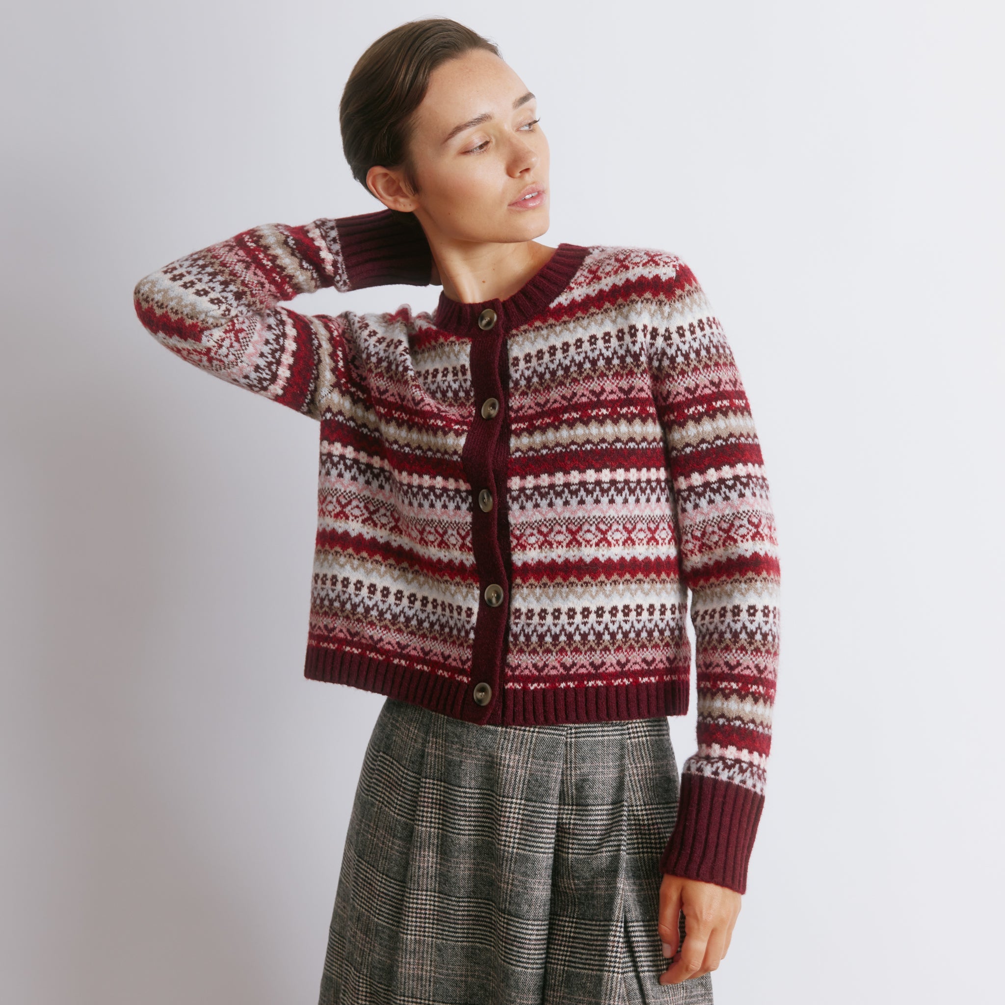 Fair Isle Cropped Cardigan in Burgundy by Albaray