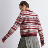 Cropped fair isle cardigan in burgundy wool with traditional knit pattern  