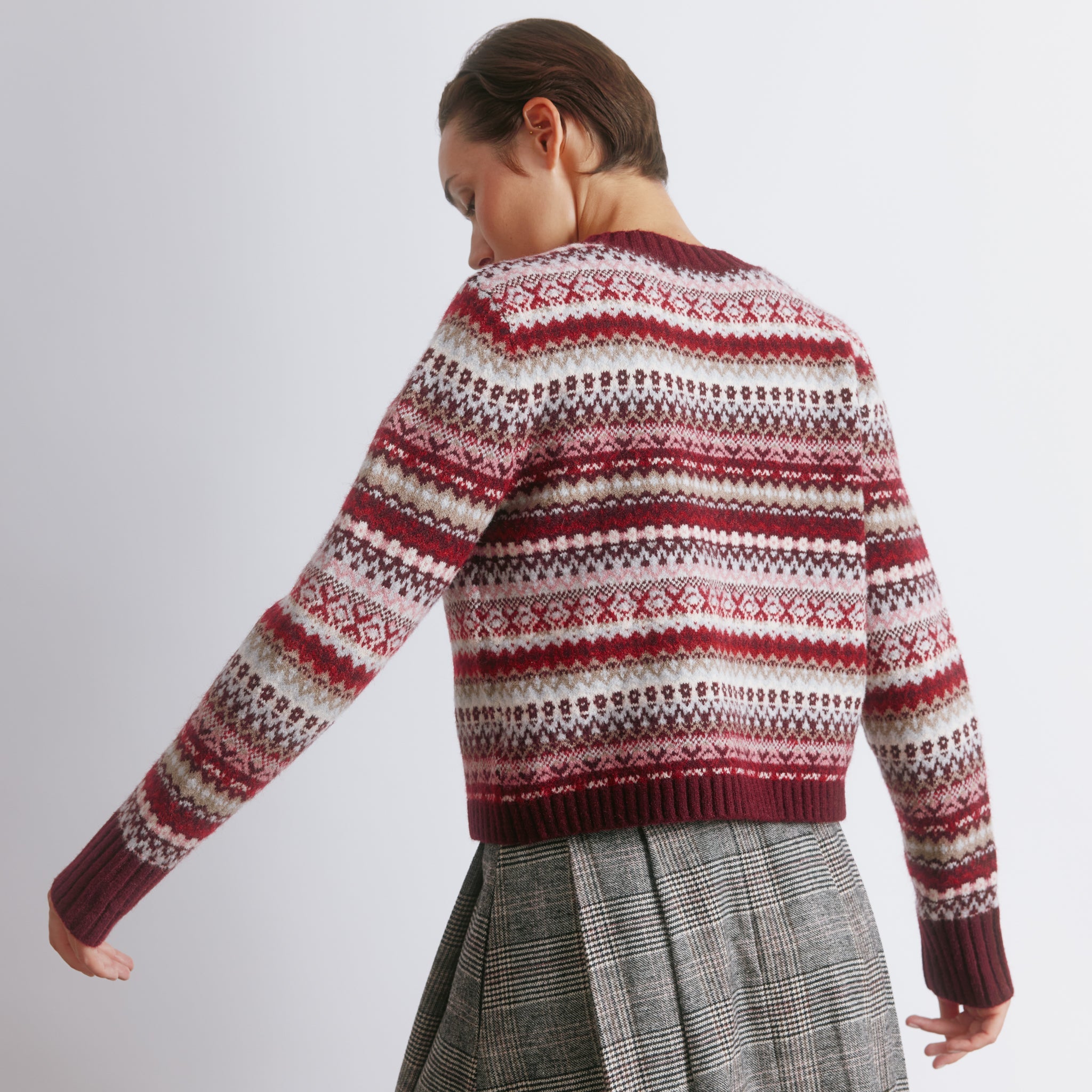 Cropped fair isle cardigan in burgundy wool with traditional knit pattern  