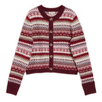 Cosy burgundy cardigan featuring classic fair isle design in cropped fit  