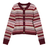 Cosy burgundy cardigan featuring classic fair isle design in cropped fit  
