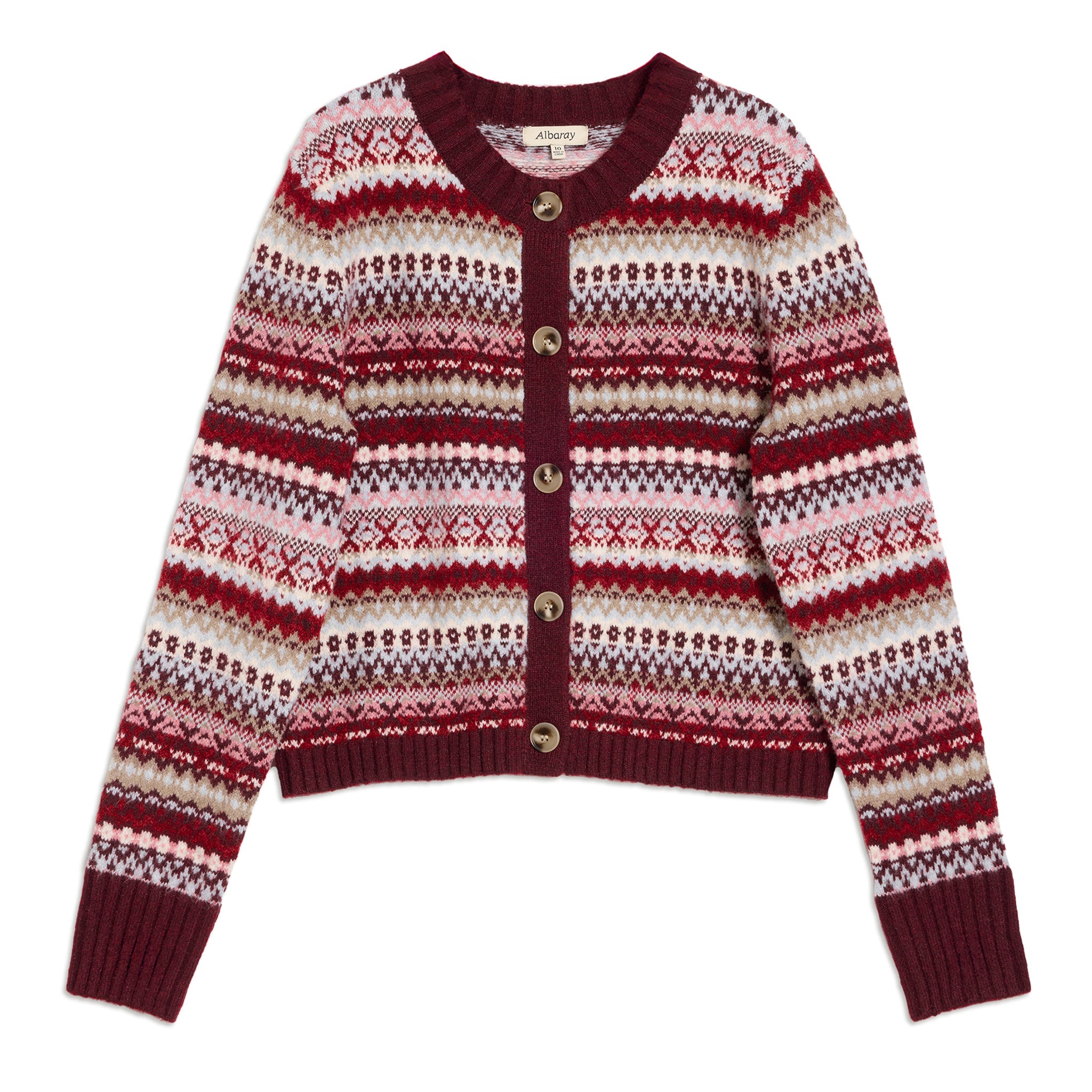 Cosy burgundy cardigan featuring classic fair isle design in cropped fit  