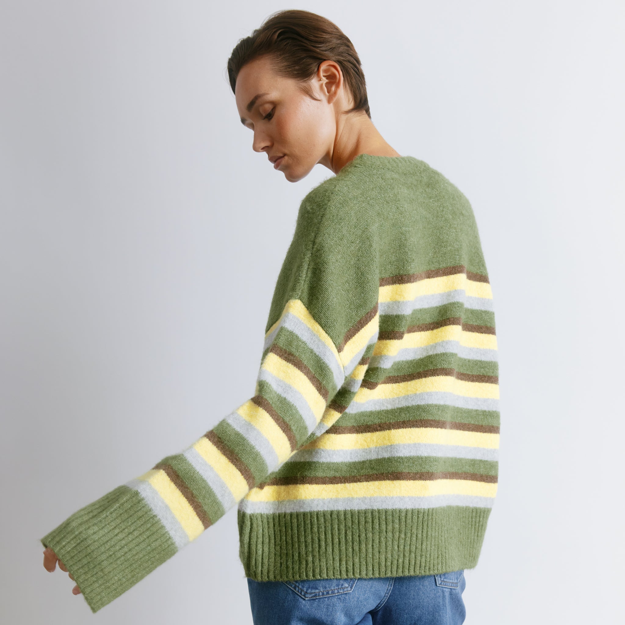 Green and chocolate stripe jumper in cosy wool blend knit design  