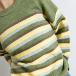 Multicolour striped knit featuring green, brown and lemon stripe pattern  