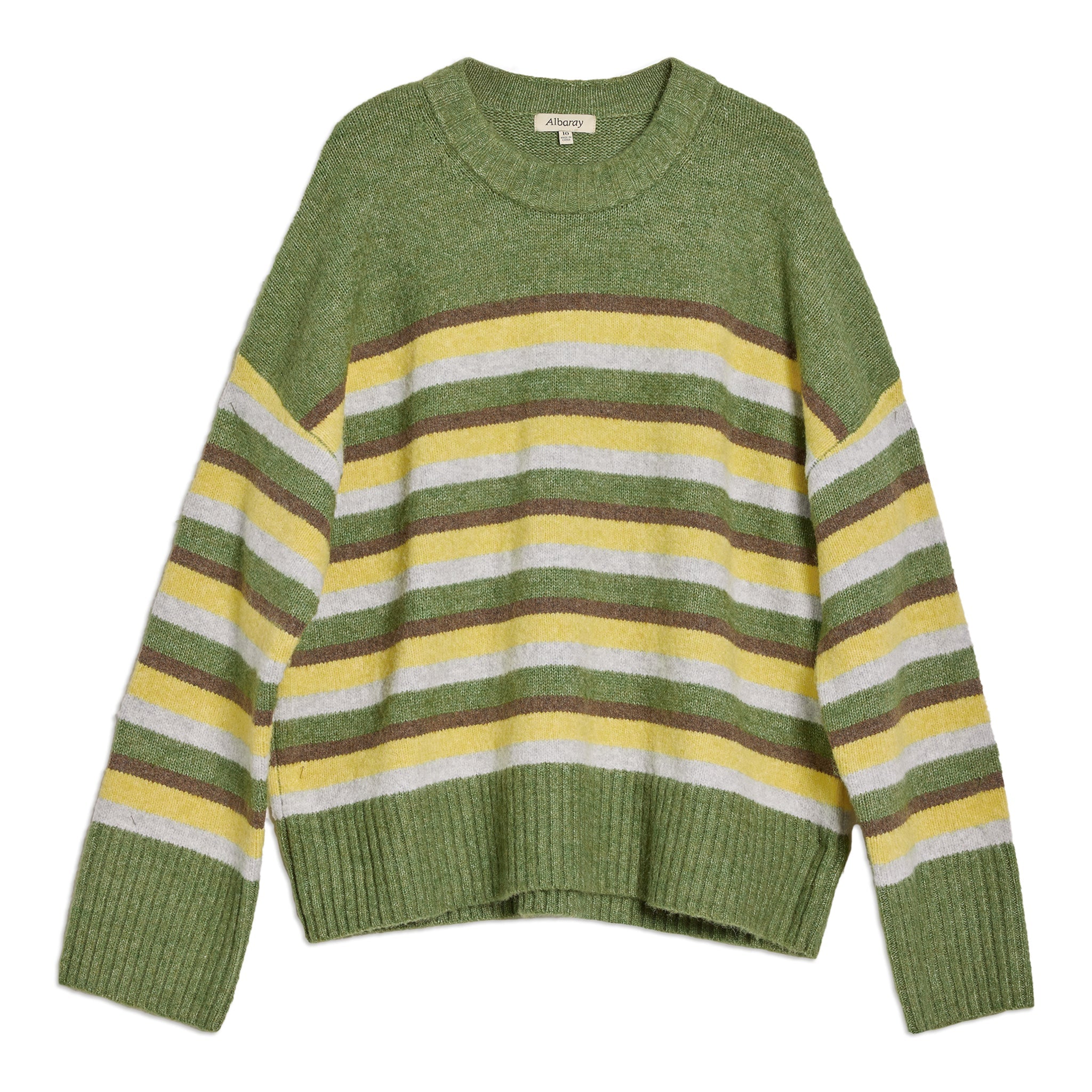 Cosy striped jumper styled as a wool blend sweater with bold green stripes  