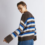 Chocolate stripe jumper in brushed knitwear with cosy blue and brown striped pattern  