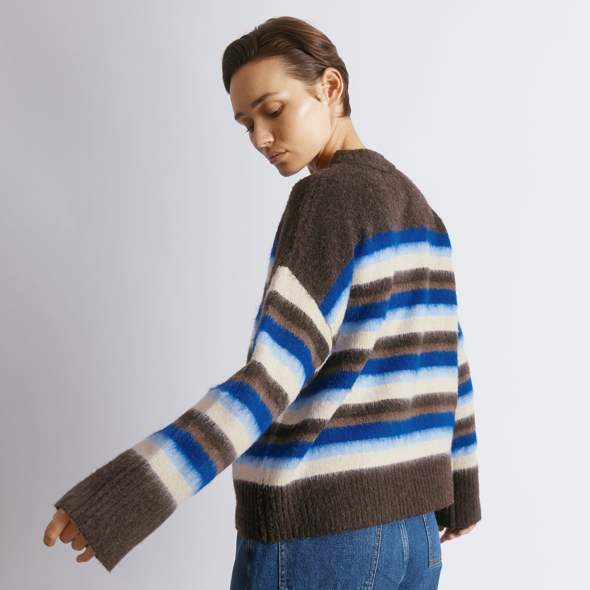 Chocolate stripe jumper in brushed knitwear with cosy blue and brown striped pattern  