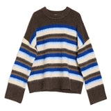Brushed stripe knitwear featuring chocolate tones and blue accents, ideal winter jumper  