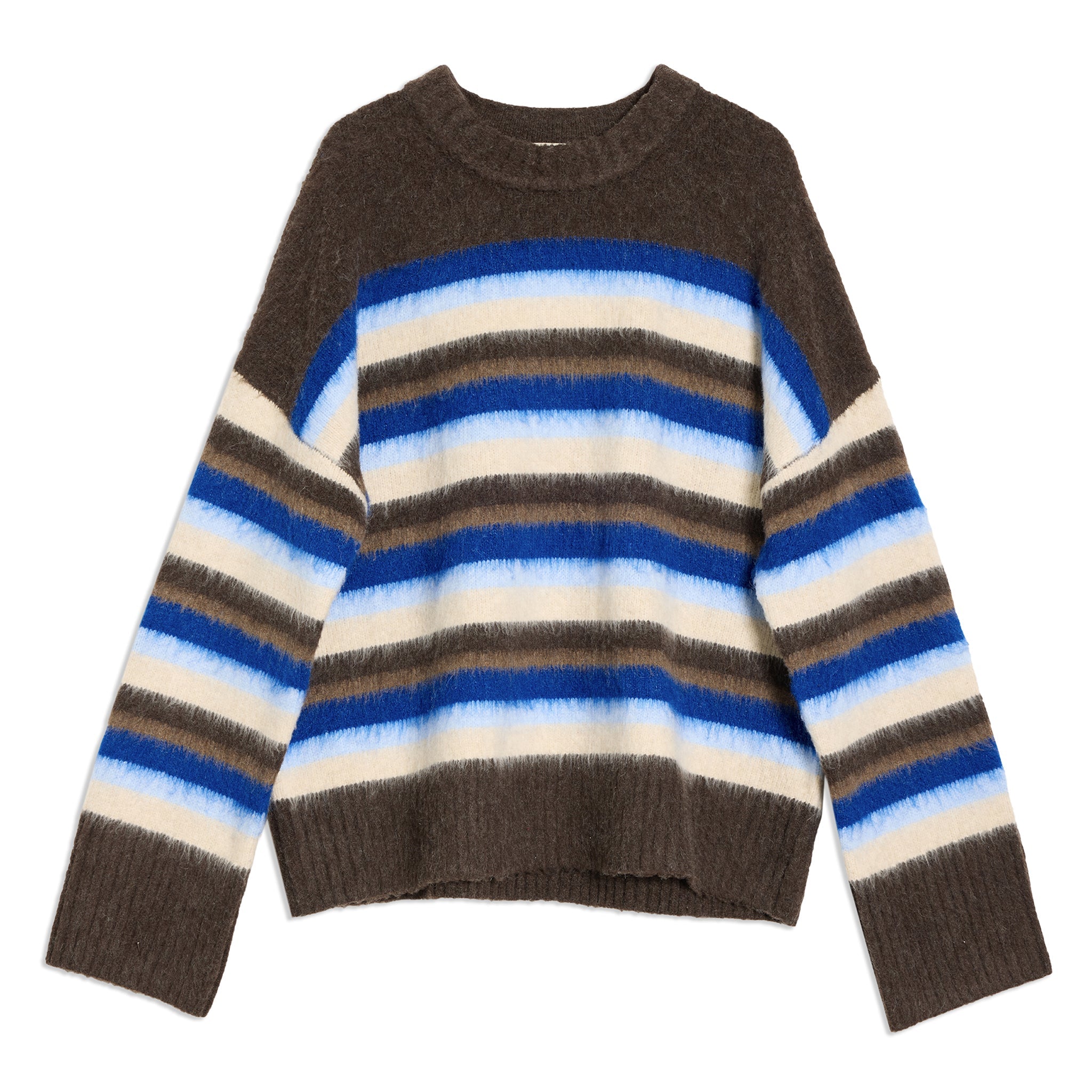 Brushed stripe knitwear featuring chocolate tones and blue accents, ideal winter jumper  