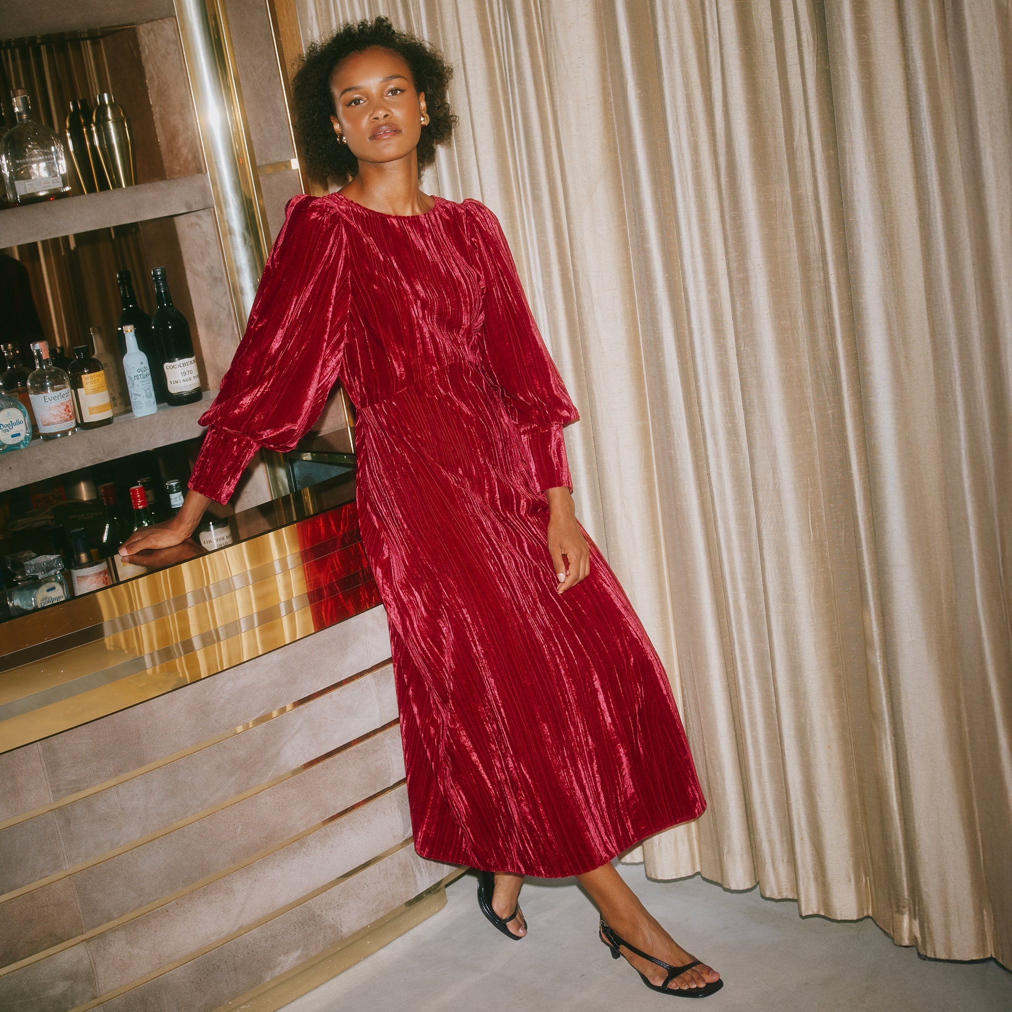 Crushed Velvet Midi Dress in Deep Red by Albaray