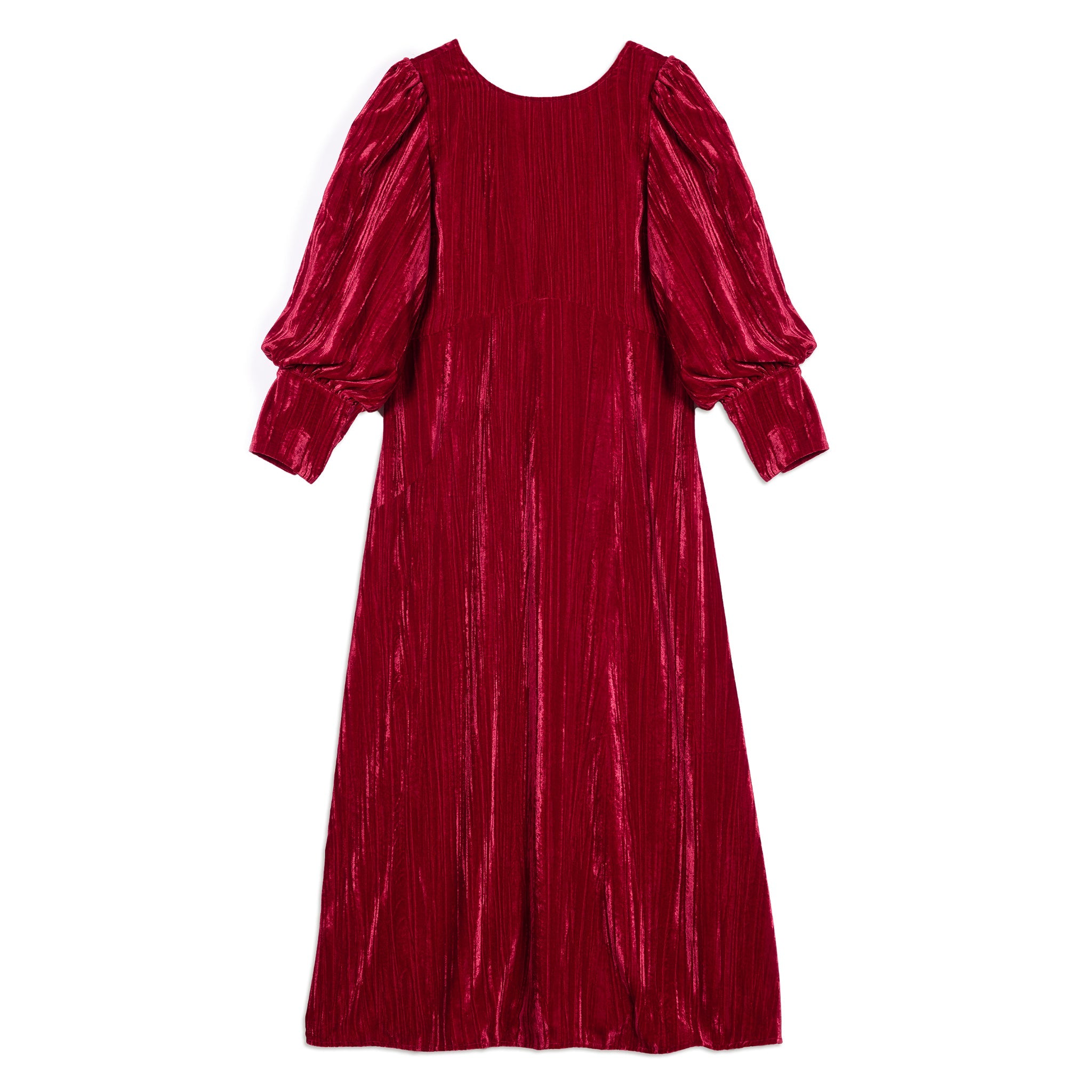 Elegant red velvet midi dress with a flattering slash neck and gathered detailing, perfect for evening wear.