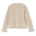 Delicate ruffle detail jumper styled as a soft pointelle knit cardigan look  
