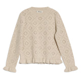 Delicate ruffle detail jumper styled as a soft pointelle knit cardigan look  