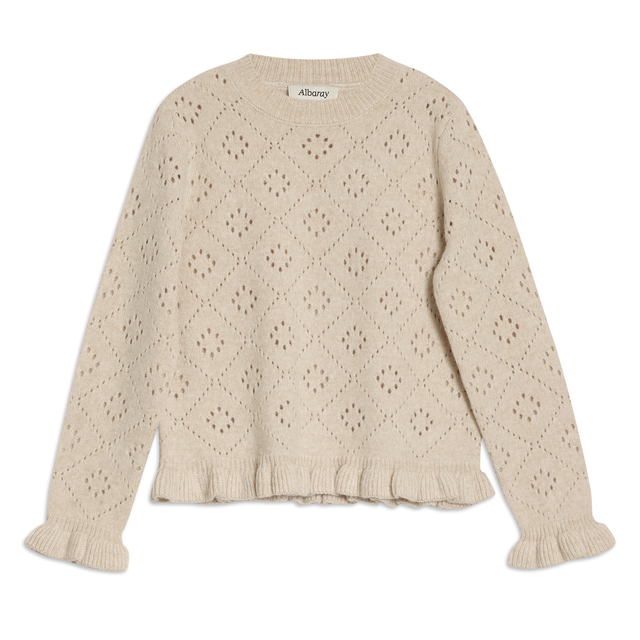Delicate ruffle detail jumper styled as a soft pointelle knit cardigan look  