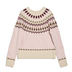 Cosy pink wool jumper featuring patterned fair isle sweater detailing  