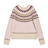 Cosy pink wool jumper featuring patterned fair isle sweater detailing  