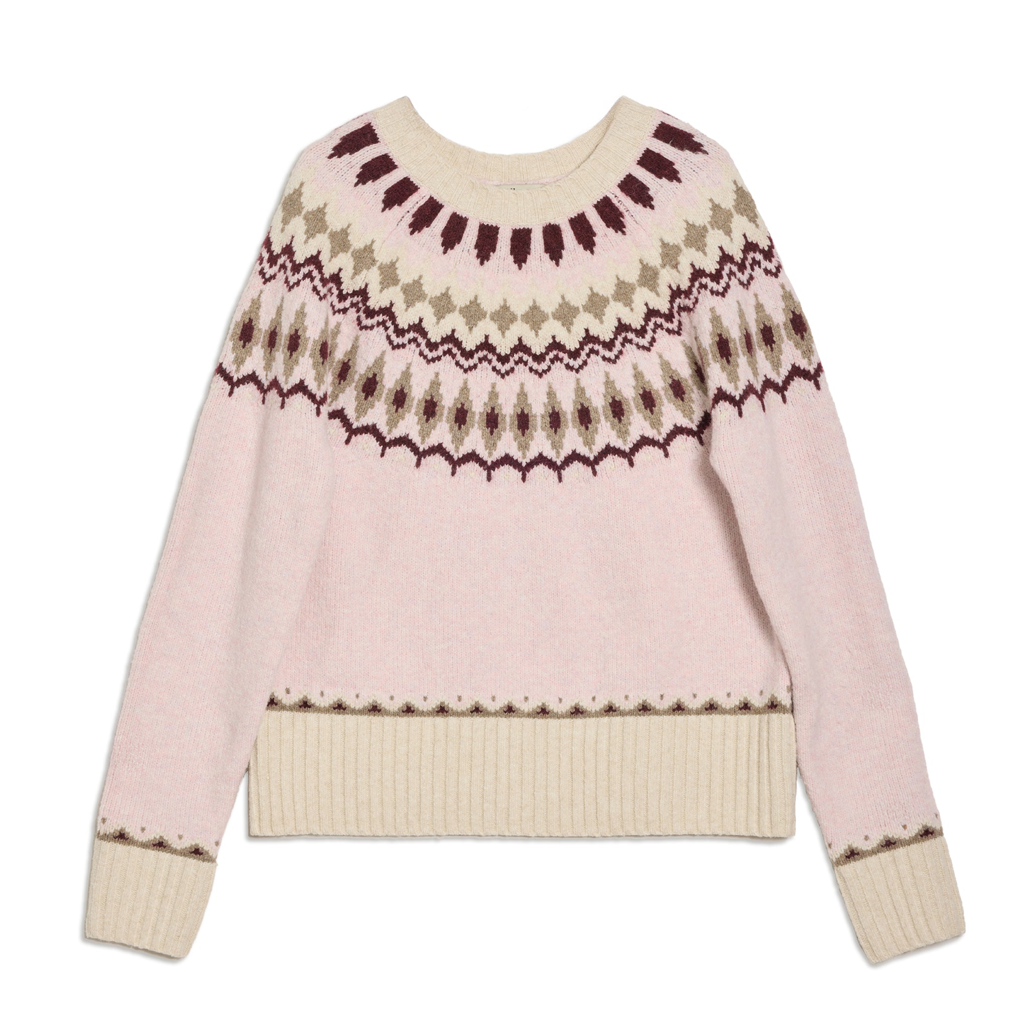 Cosy pink wool jumper featuring patterned fair isle sweater detailing  