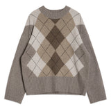 Argyle knit jumper styled as a cosy crew neck, versatile winter essential  