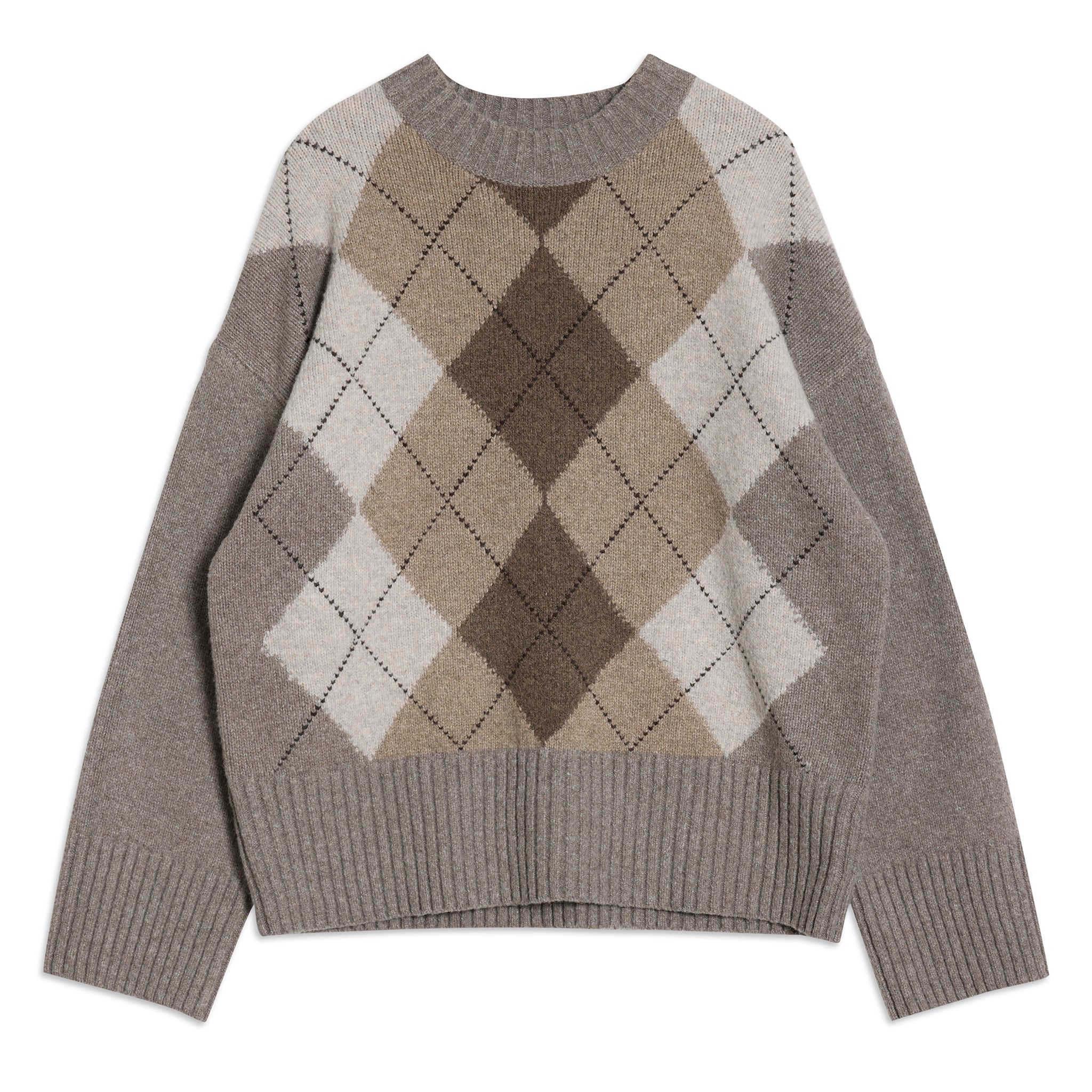 Argyle knit jumper styled as a cosy crew neck, versatile winter essential  