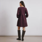 burgundy cord dress with V-neck and blouson sleeves, short corduroy mini dress with patch pockets  
