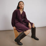 back detail of ethically made organic cotton corduroy dress in rich burgundy shade  