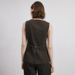 Chocolate brown vest with mock horn buttons, longline tailored waistcoat, sleeveless co-ord suit vest made from organic cotton sustainable tailoring.