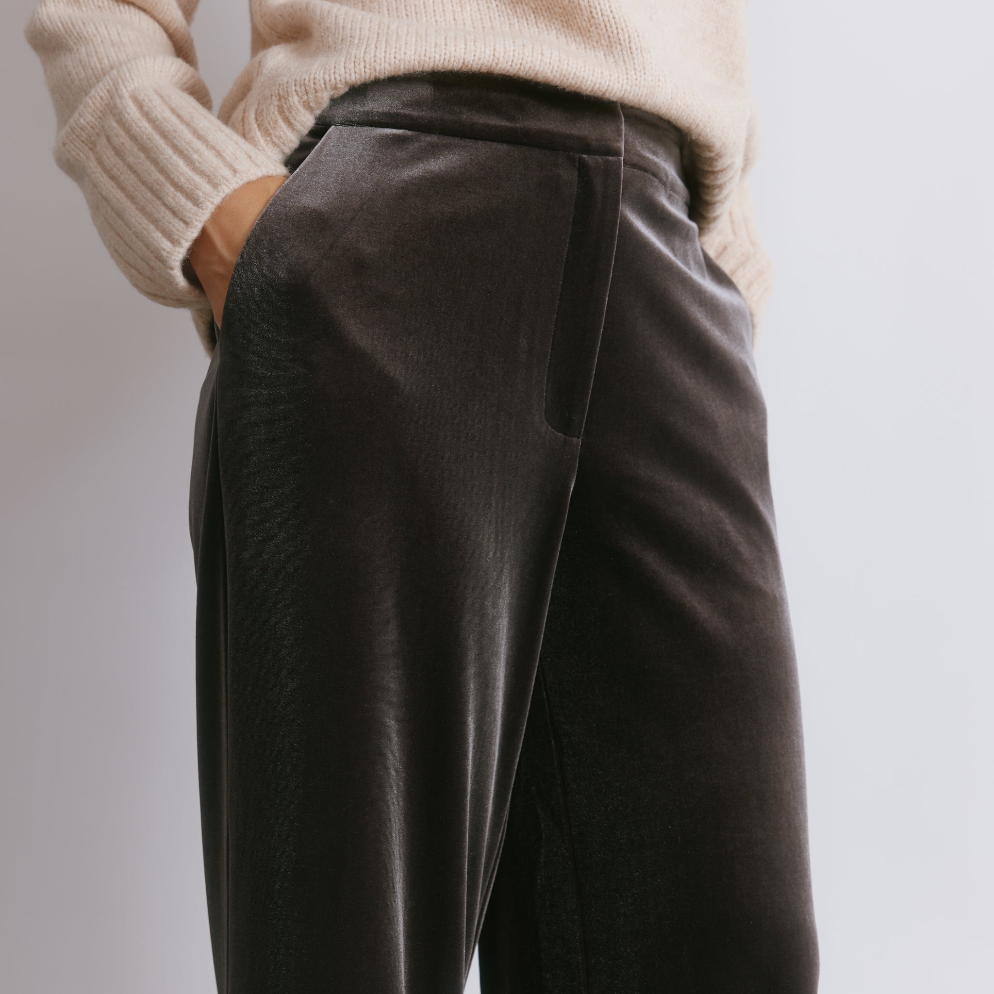 Wide leg velvet pants in a rich mole hue, offering a soft drape and sophisticated eveningwear feel.  