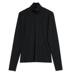 Black long sleeve layering top in slim fit with a roll neck, crafted from low impact organic cotton jersey, an ethically made essential for minimalist winter style.