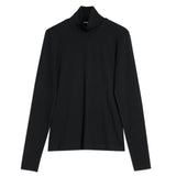 Black long sleeve layering top in slim fit with a roll neck, crafted from low impact organic cotton jersey, an ethically made essential for minimalist winter style.
