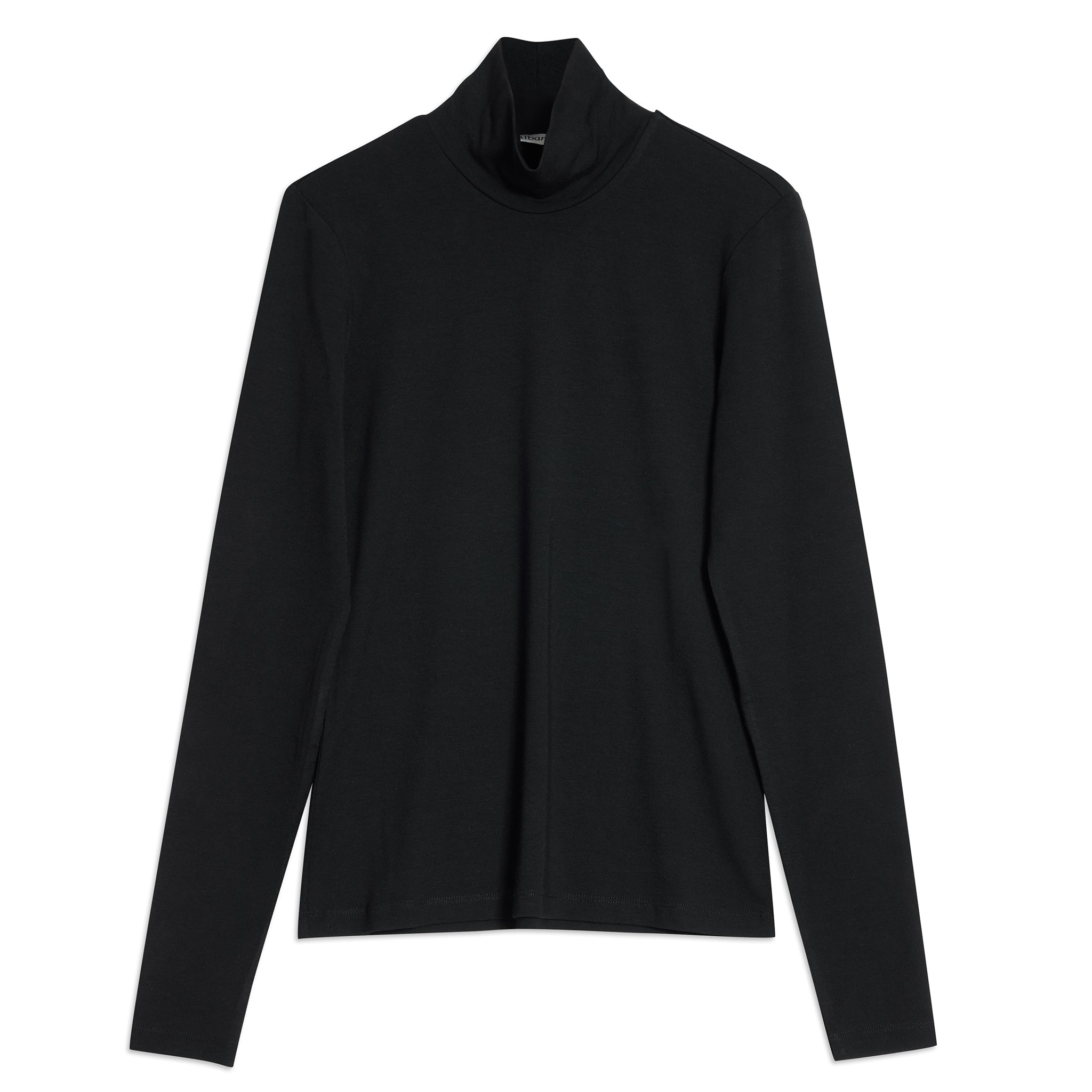 Black long sleeve layering top in slim fit with a roll neck, crafted from low impact organic cotton jersey, an ethically made essential for minimalist winter style.