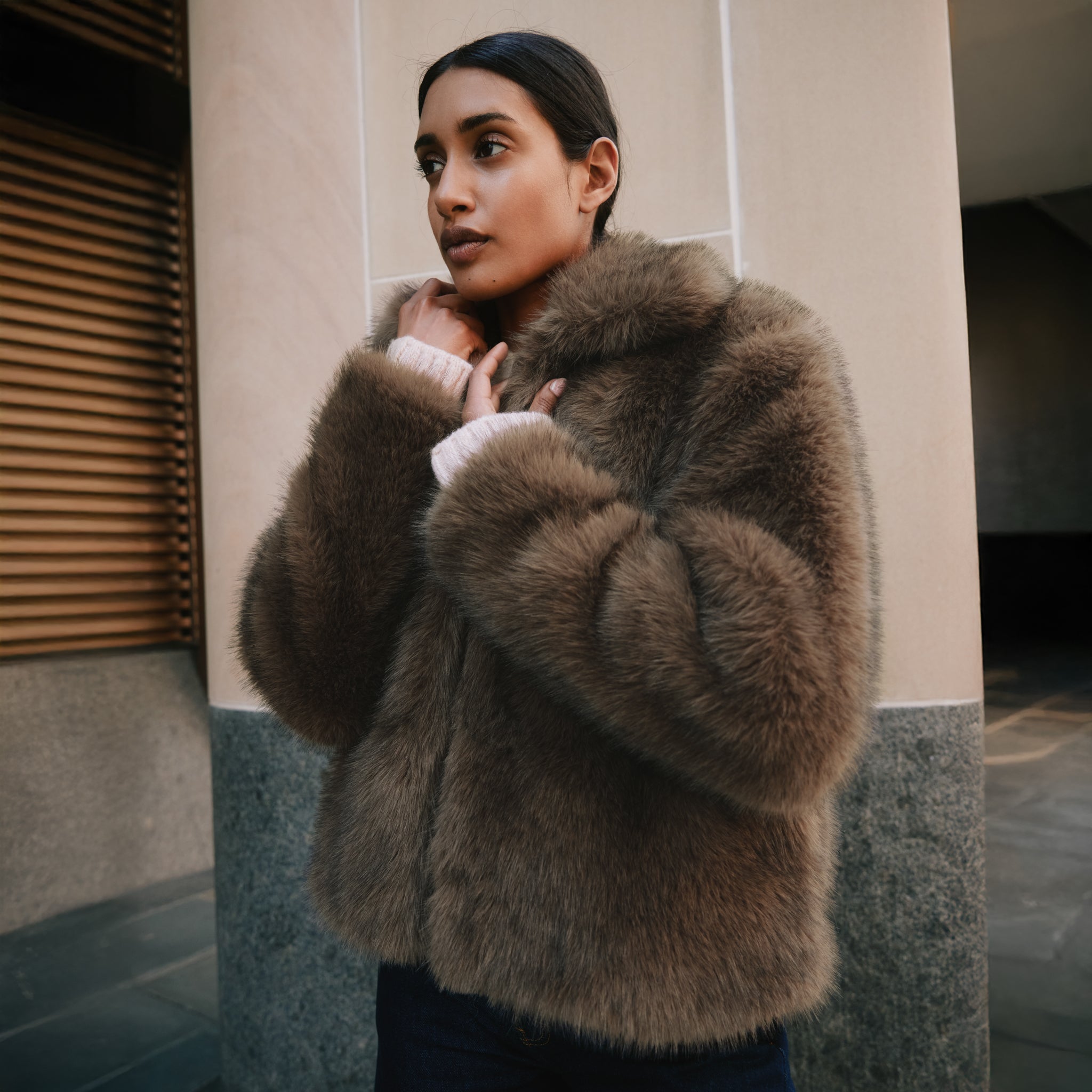 Brown Faux Fur Jacket by Albaray