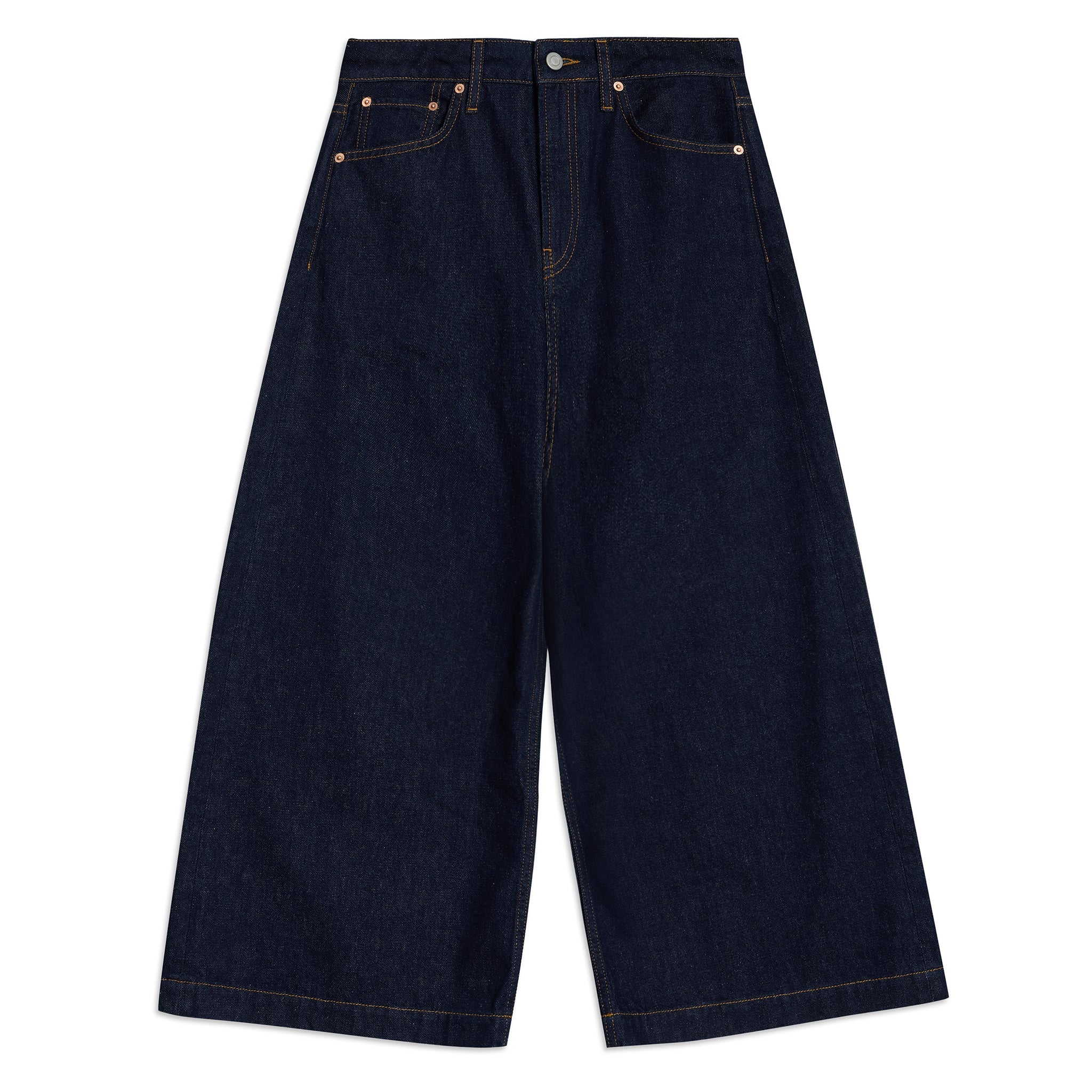 Side view of relaxed fit dark indigo wide-leg culottes made from sustainable, ethically produced organic cotton denim, perfect for a casual and eco-friendly wardrobe.