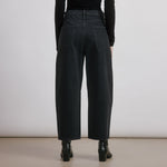 Black barrel leg jeans, mid-rise relaxed fit denim with wide leg cropped silhouette, casual everyday jeans in organic cotton denim, sustainable and ethically made, perfect eco-conscious wardrobe staple