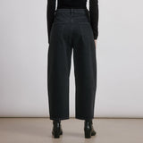 Black barrel leg jeans, mid-rise relaxed fit denim with wide leg cropped silhouette, casual everyday jeans in organic cotton denim, sustainable and ethically made, perfect eco-conscious wardrobe staple