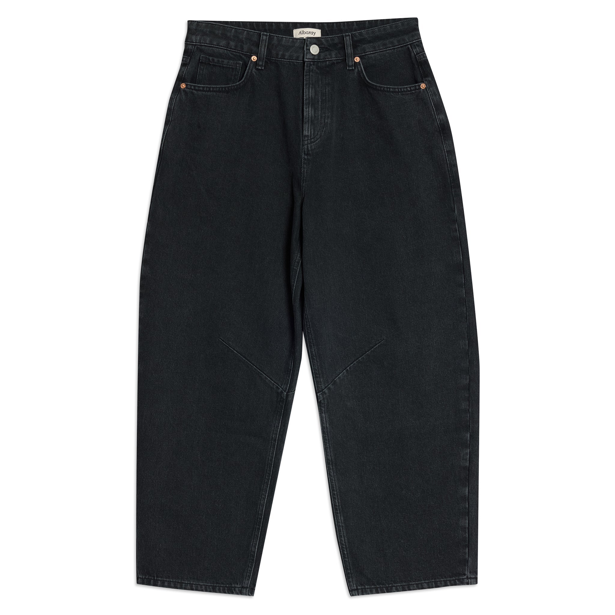 Relaxed fit black barrel leg jeans with wide leg cropped design, mid-rise organic cotton denim, sustainable and ethically made, versatile casual jeans for eco-conscious wardrobes