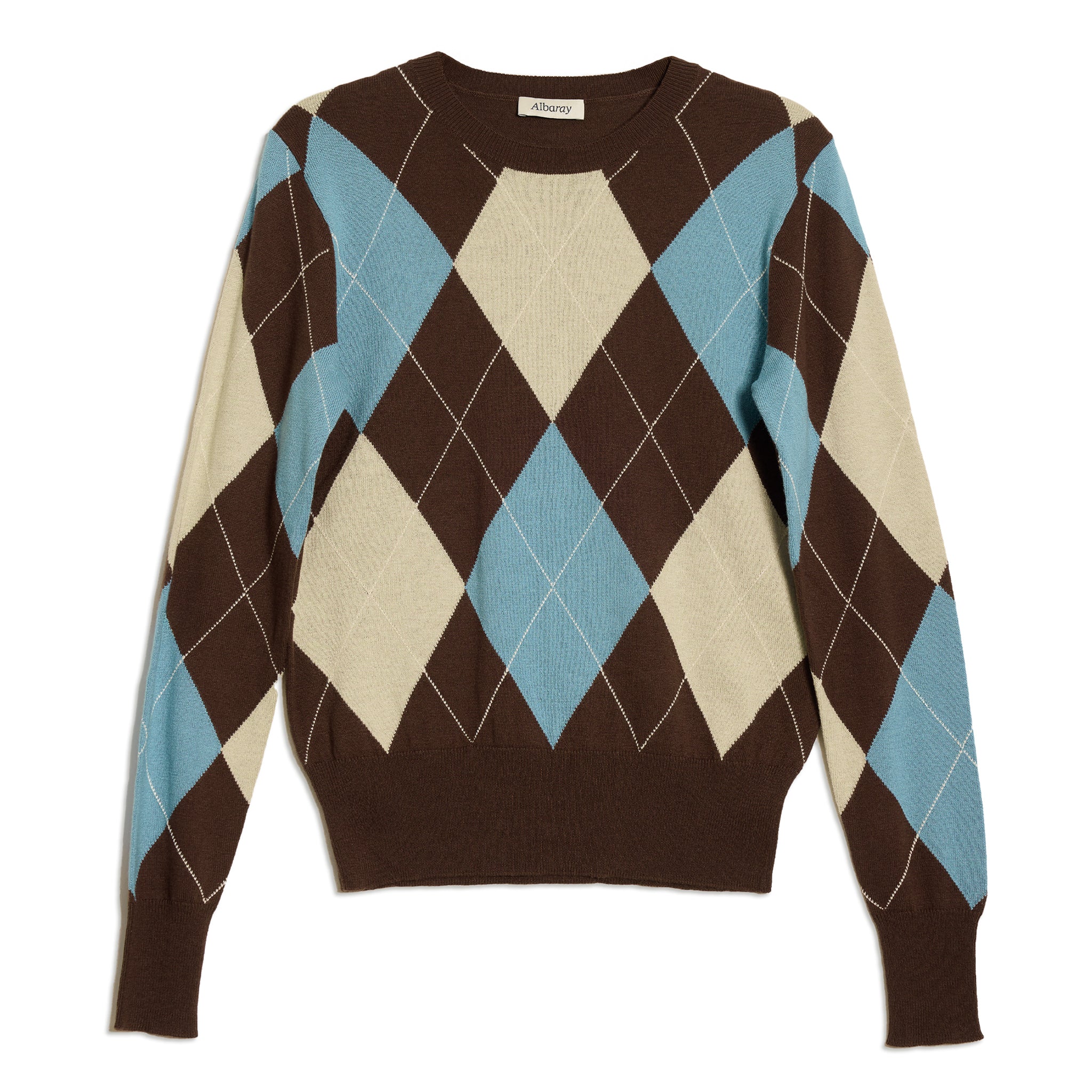 Wool argyle pullover styled as a cosy blue patterned jumper for winter  