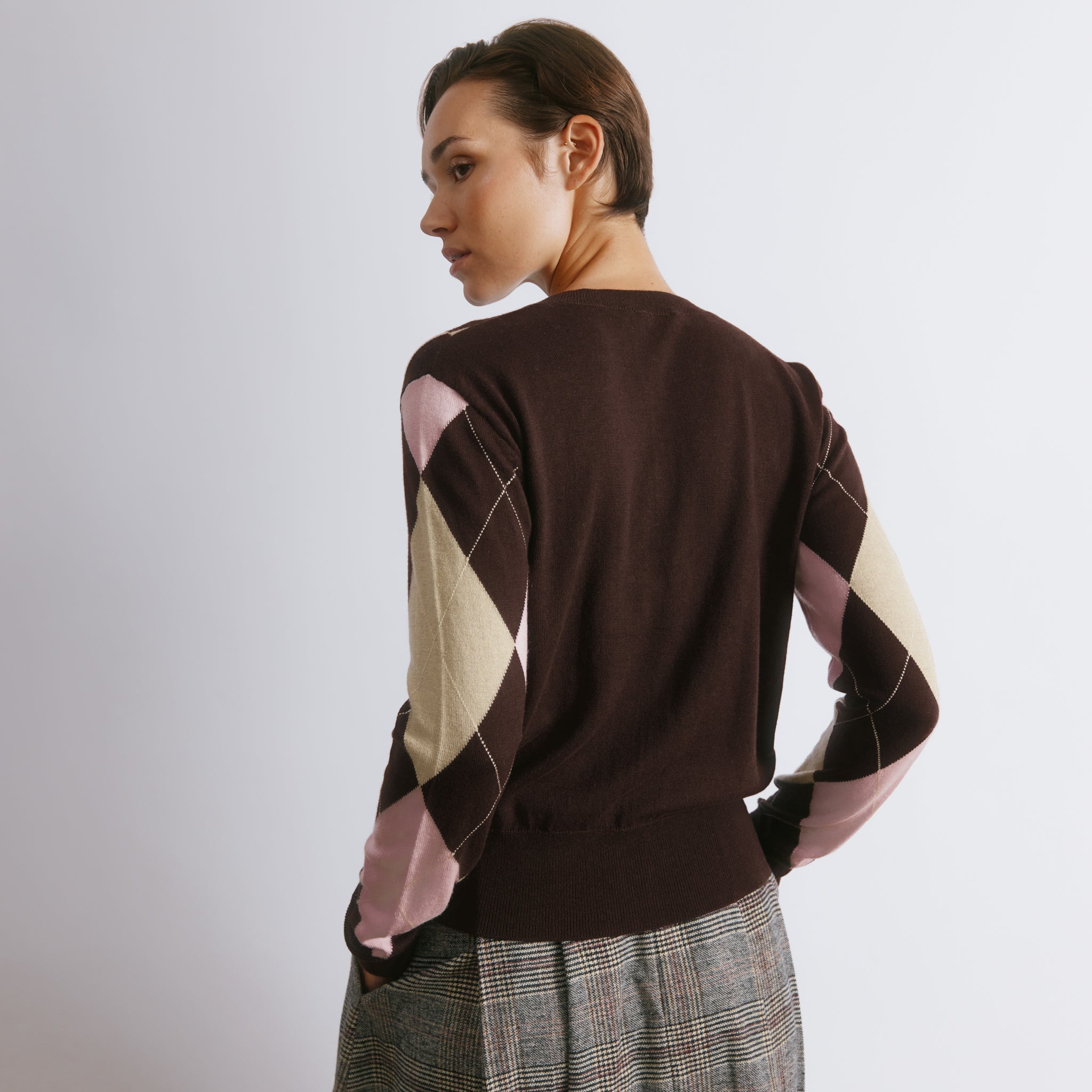 Argyle knit cardigan in pink and cream check design with retro style  
