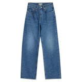 WomenÕs straight leg jeans styled as versatile mid rise denim staple  