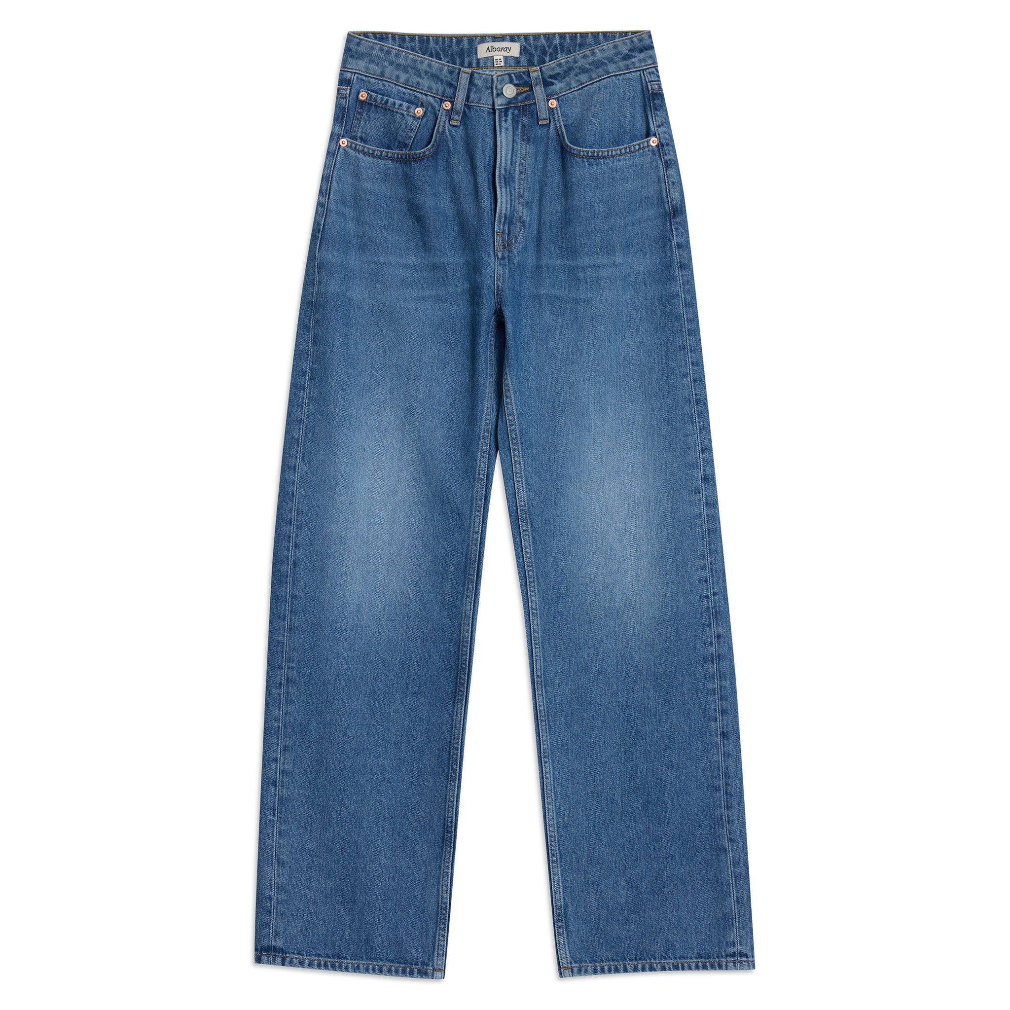 WomenÕs straight leg jeans styled as versatile mid rise denim staple  