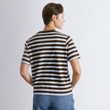 Chocolate stripe top with retro style, organic cotton fabric, and preppy knitwear design.