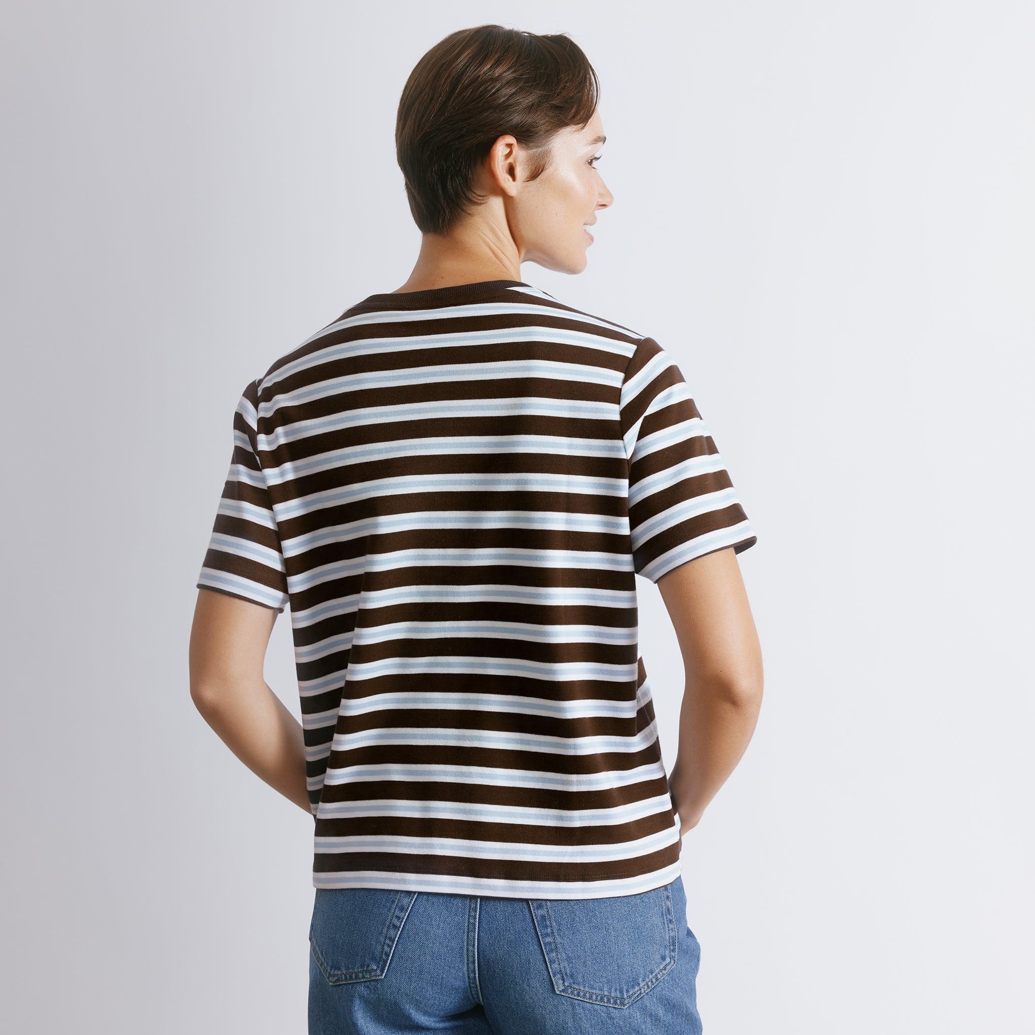 Chocolate stripe top with retro style, organic cotton fabric, and preppy knitwear design.