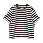 Casual short sleeve striped t-shirt in chocolate tones, made from ethically sourced organic cotton for a conscious wardrobe staple.