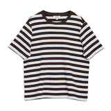 Casual short sleeve striped t-shirt in chocolate tones, made from ethically sourced organic cotton for a conscious wardrobe staple.