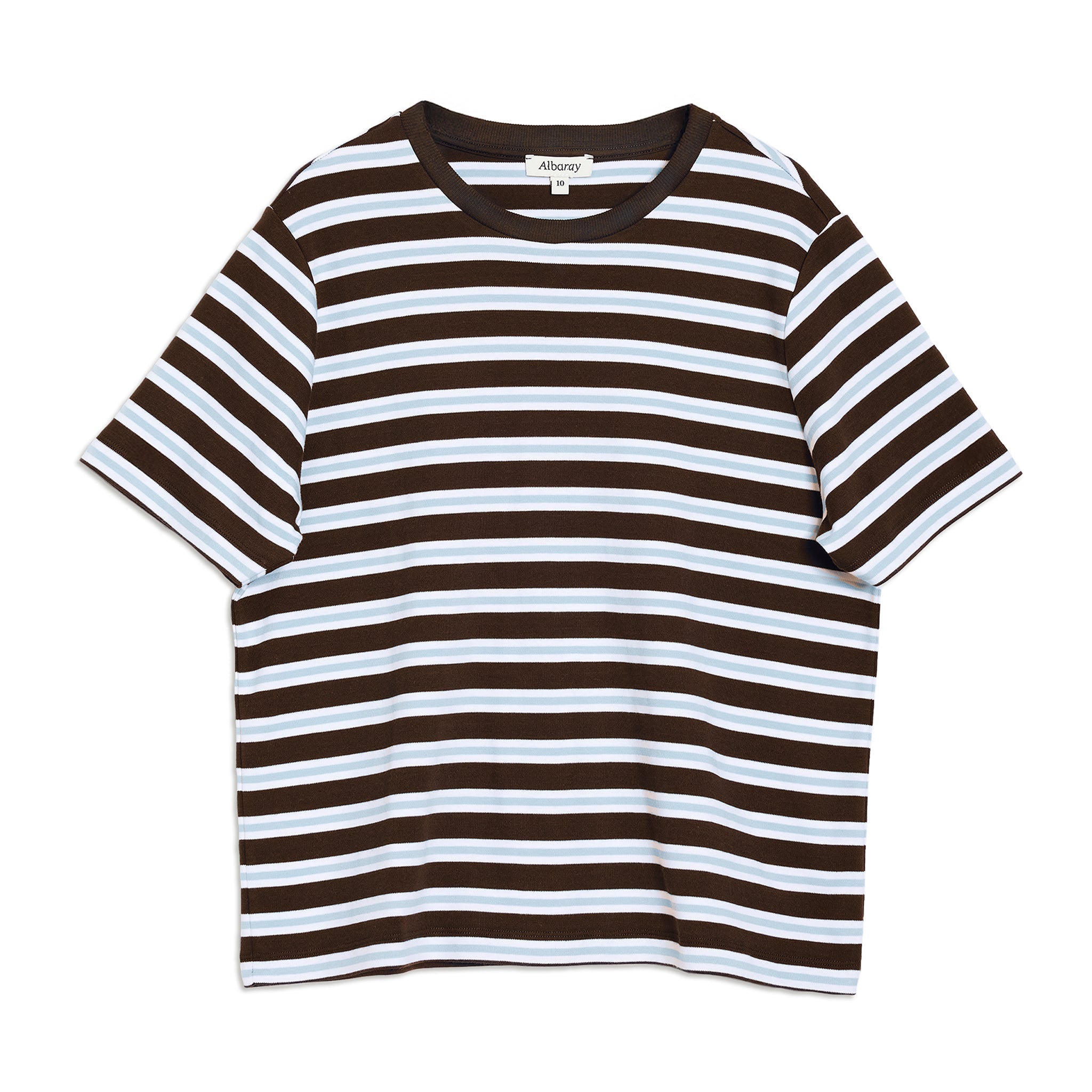 Casual short sleeve striped t-shirt in chocolate tones, made from ethically sourced organic cotton for a conscious wardrobe staple.