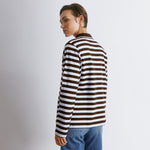 Chocolate stripe top with retro style, long sleeve polo with contrast collar, made from organic sustainable cotton knitwear.