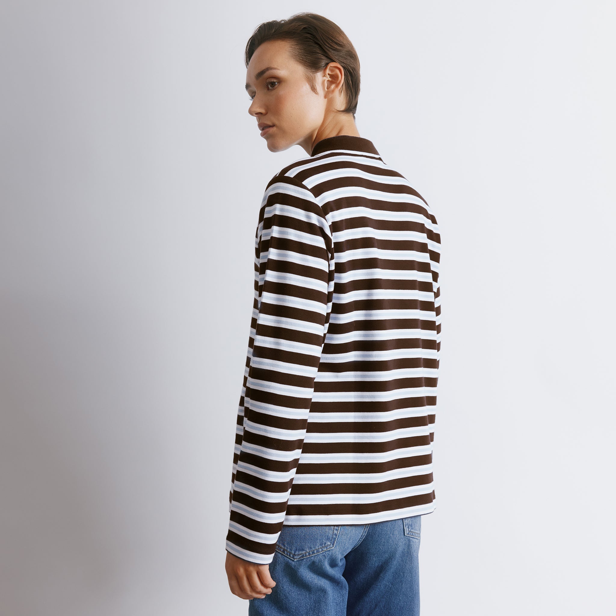Chocolate stripe top with retro style, long sleeve polo with contrast collar, made from organic sustainable cotton knitwear.