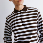Retro striped long sleeve polo shirt with preppy design, contrast collar, ethical and low impact cotton fabric.