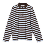 Close-up of sustainable knitwear long sleeve polo top with chocolate stripes and classic collar detail.