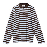 Close-up of sustainable knitwear long sleeve polo top with chocolate stripes and classic collar detail.